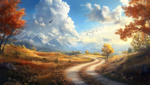 Autumn mountain valley with winding rural road at sunrise.