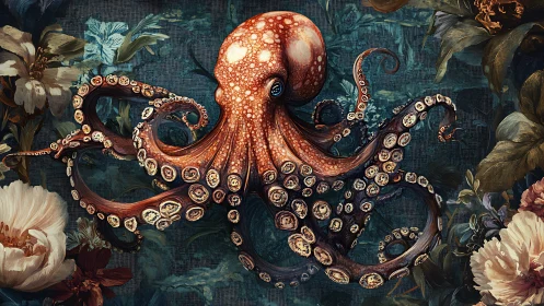 Ornate octopus coils through lush baroque floral seascape.