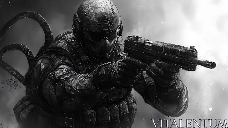 Shadow-clad tactical sentinel aiming through ghosted smoke.