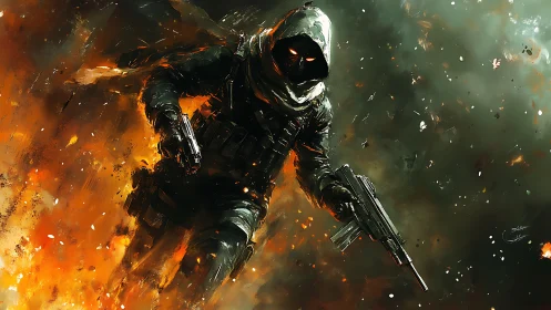 Hooded warrior strides through firelit battlefield storm.