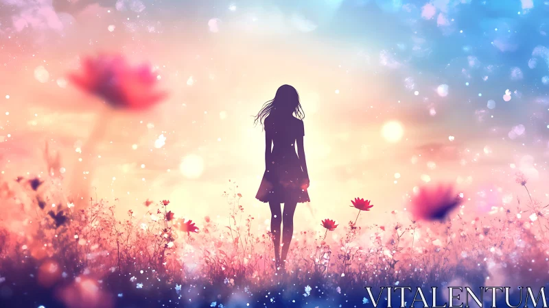 Silhouette girl wandering dreamlit meadow at pastel sunrise.