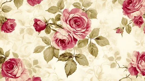 Vintage floral rose pattern with soft watercolor rendering.