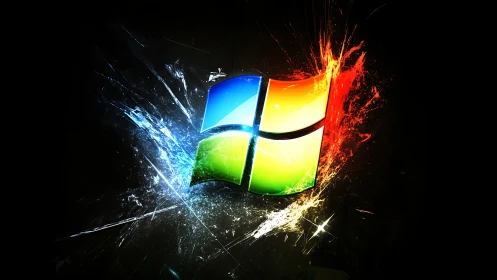 Explosive neon window emblem shattering through digital night.