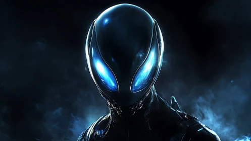 Synthetic humanoid figure with illuminated blue visor eyes.