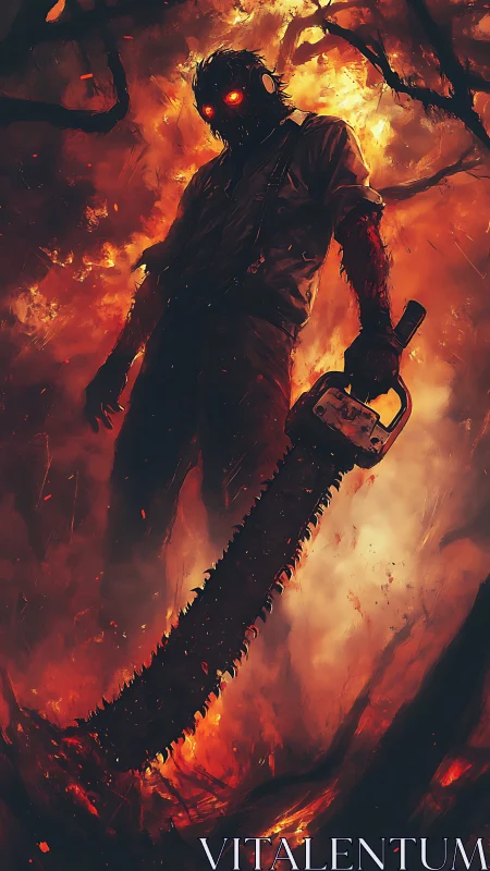 Masked chainsaw wielder dominates burning forest inferno