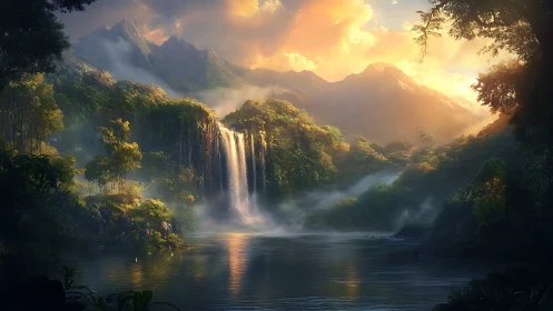 Sunlit tropical waterfall basin under misted alpine ridges