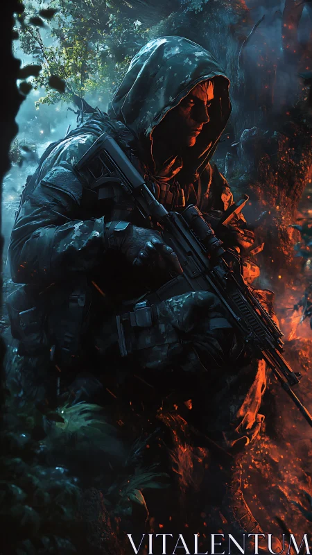 Hooded soldier stalks through blazing, rain-soaked jungle night