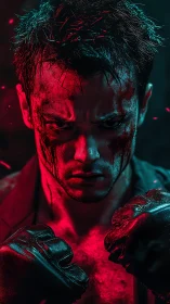 Chromatic combat portrait under asymmetric duel lighting.