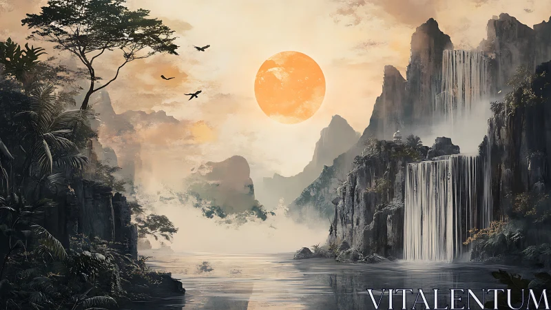 Misty river valley with waterfalls and large sun disk.