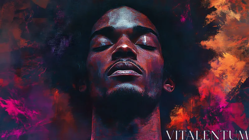 Portrait of serene man amid vivid abstract color clouds