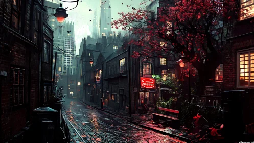 Neon alleyway beneath crimson tree in rainy cyber city.