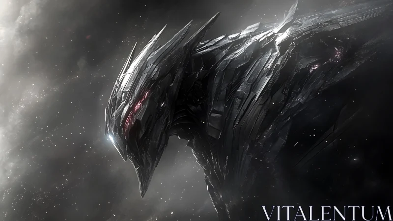 Midnight mech dragon glides through a quiet cosmic storm