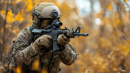 Autumn-cloaked operator stalking through amber woodland hush.