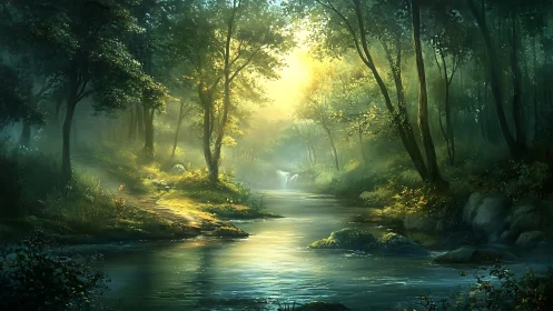 Luminous Forest Stream: Where Emerald Canopies Meet Golden Light