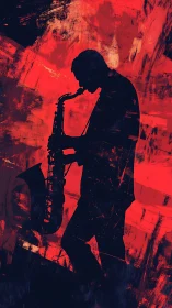 Silhouetted saxophone player melts into fiery red jazz haze