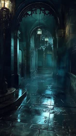 Moody gothic alley with wet stones and eerie blue light.