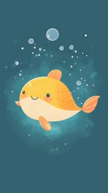 Cute yellow cartoon fish with bubbles on teal background.