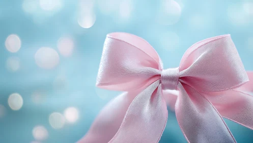 Pink ribbon bow on blue background with bokeh effects