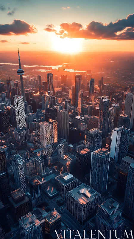 Sunset glow washes over a modern glass city skyline.