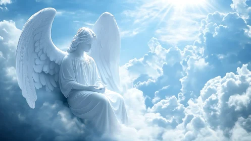 Serene angel in radiant clouds contemplates heavenly light.
