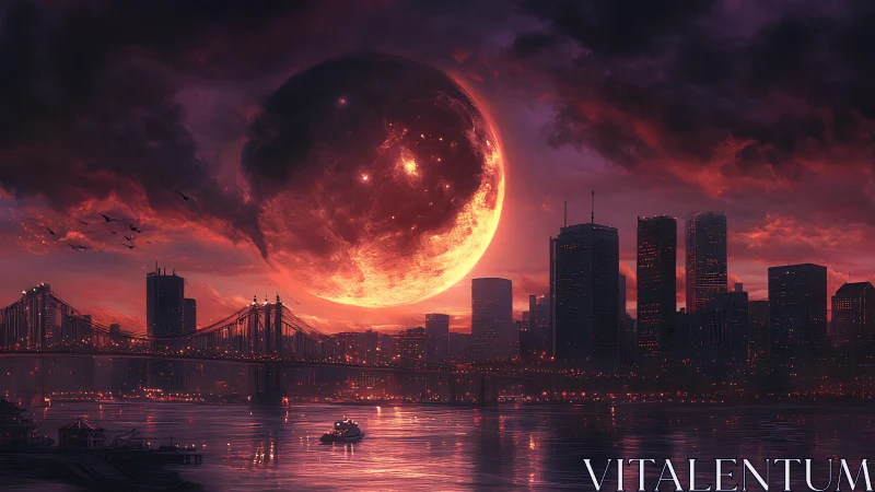 Urban skyline under oversized red celestial body at dusk.