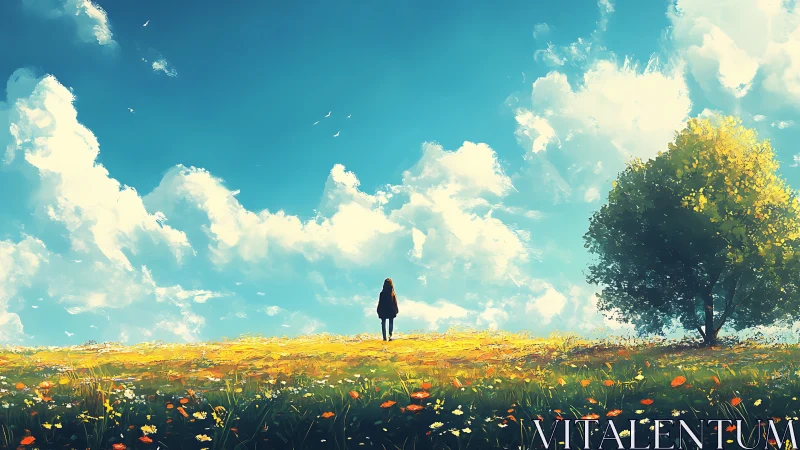 Solitary figure under vast sky on sunlit wildflower field.