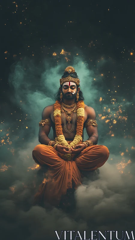 Meditating deity figure floats above clouds in glowing haze