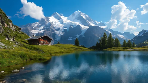 Mountain lake reflects snowy peak and isolated wooden cabin