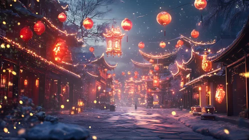 Lantern-lit winter festival street draped in crimson glow.
