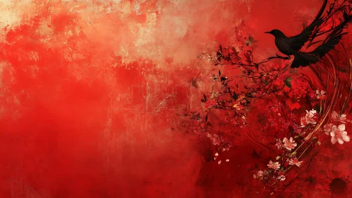 Black bird silhouette over red floral abstract background.