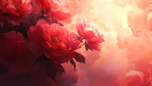 Deep Crimson Peonies in Luminous Haze: Digital Botanical Study.