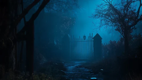 Moonlit iron gate quietly guards a fog-drowned forest path