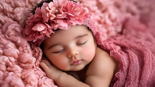 Sleeping newborn wrapped in pink fabric with floral crown