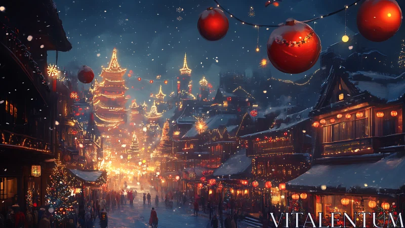 Snowy East Asian night market showcases dense festive lighting contrast