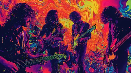 Psychedelic digital illustration of rock musicians onstage.