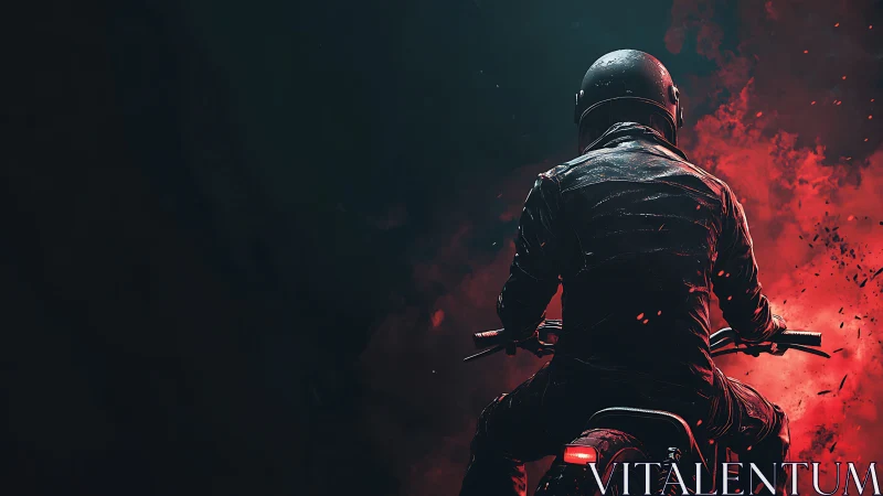 Motorcyclist in dark scene against red explosive glow.