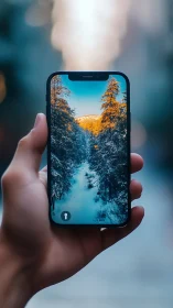 Smartphone displays snowy mountain landscape in hand.