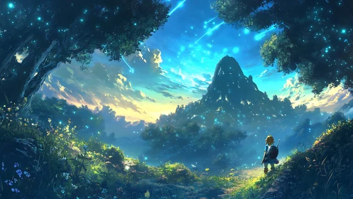 Heroic figure observing glowing mountain valley scene.