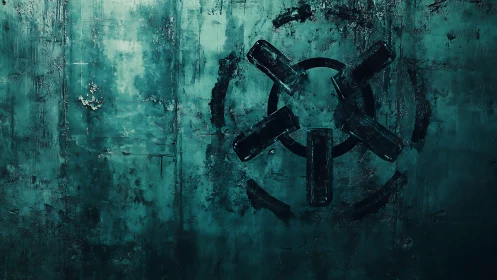 Weathered teal wall with mysterious circular emblem glow.