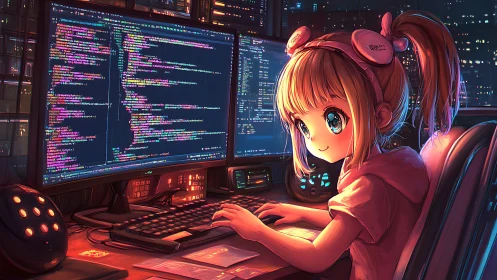 Anime coder girl in neon-lit dual monitor workstation scene.