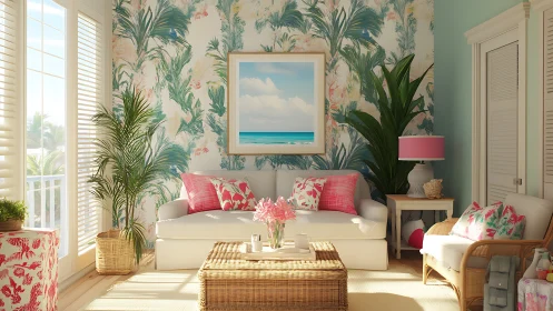Coastal living room displays bright tropical decor and sunlight