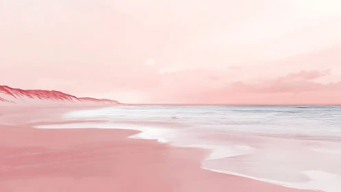 Dreamy pastel shoreline glows under a soft rose sky