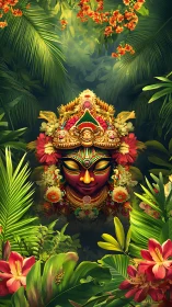 Lush jungle spirit mask glows amid vibrant tropical flowers