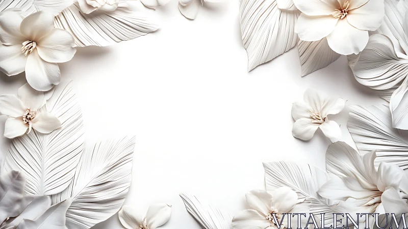 Three-dimensional floral composition with volumetric petals and layered botanical framing elements.