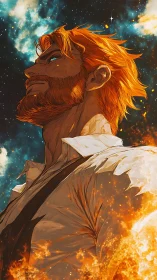 Stellar-bearded hero in cosmic blaze with dynamic lighting.