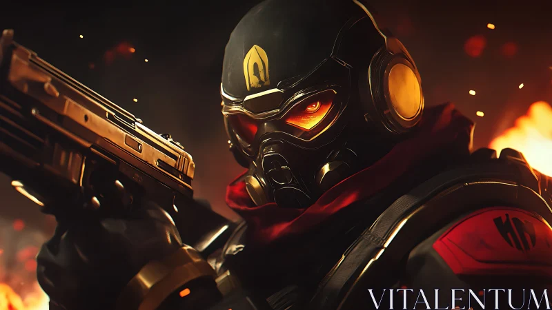 Masked armored gunman stands amid fire with controlled stance