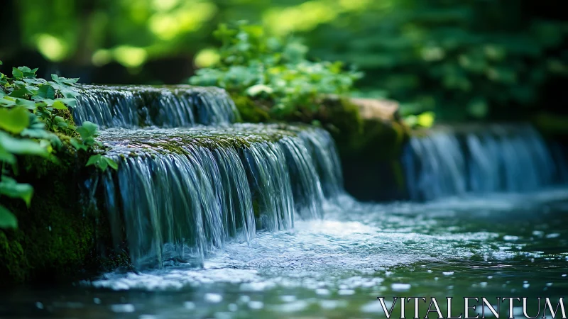 Tranquil forest waterfall cascading over mossy rocks in nature.