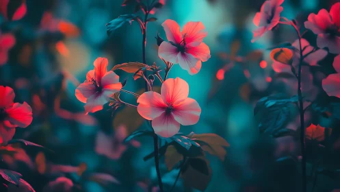 Stratified floral composition with color-graded teal-magenta bokeh depth rendering