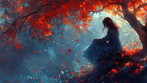 Solitary figure under crimson foliage rendered in dynamic brushwork