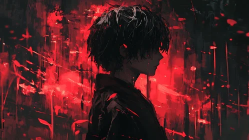 Silhouetted dreamer walks through a storm of red echoes